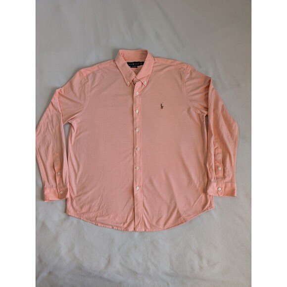 Ralph Lauren Men's Knit Oxford Size 2XL Button Up Shirt Peach Pony Logo Preppy - Picture 2 of 9